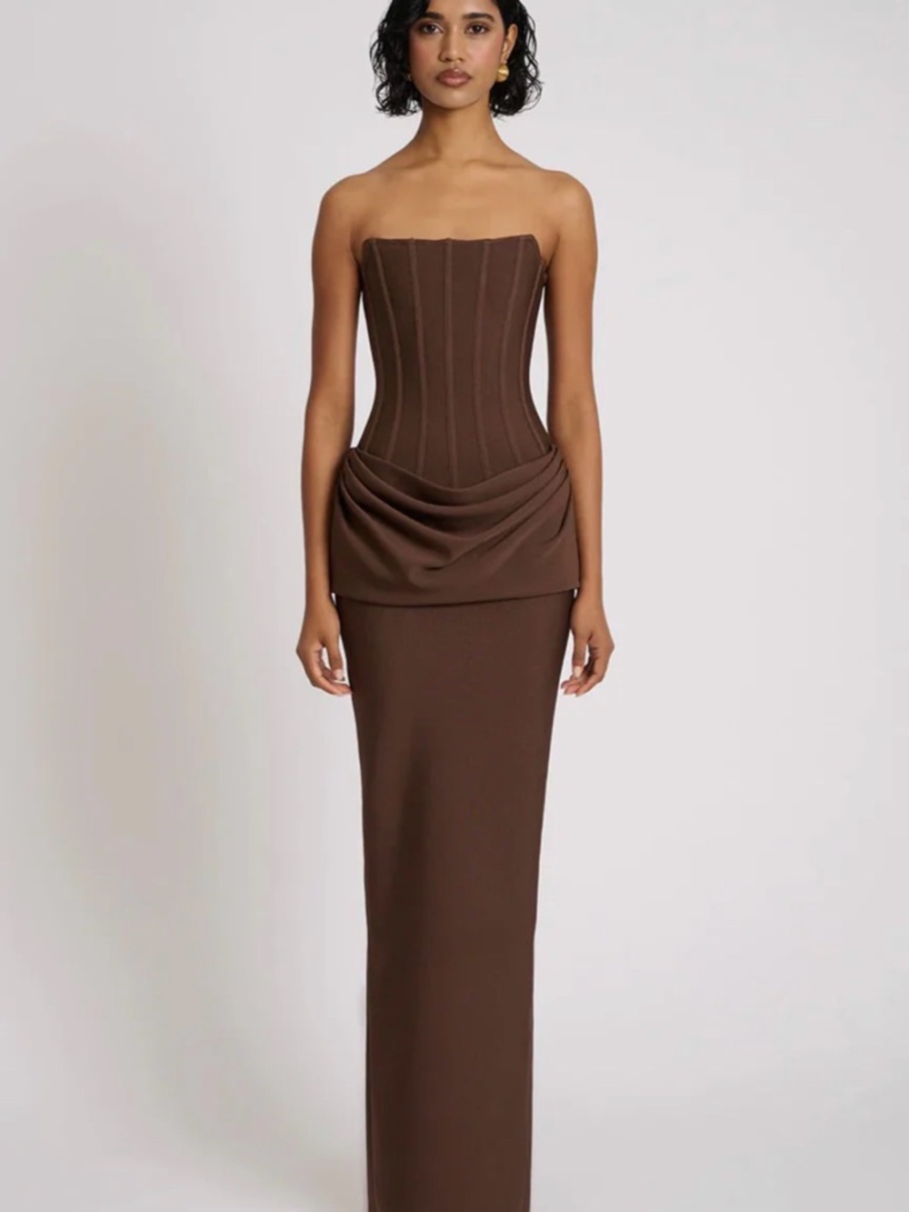 Strapless Brown Corset Maxi Dress with Draped Waist